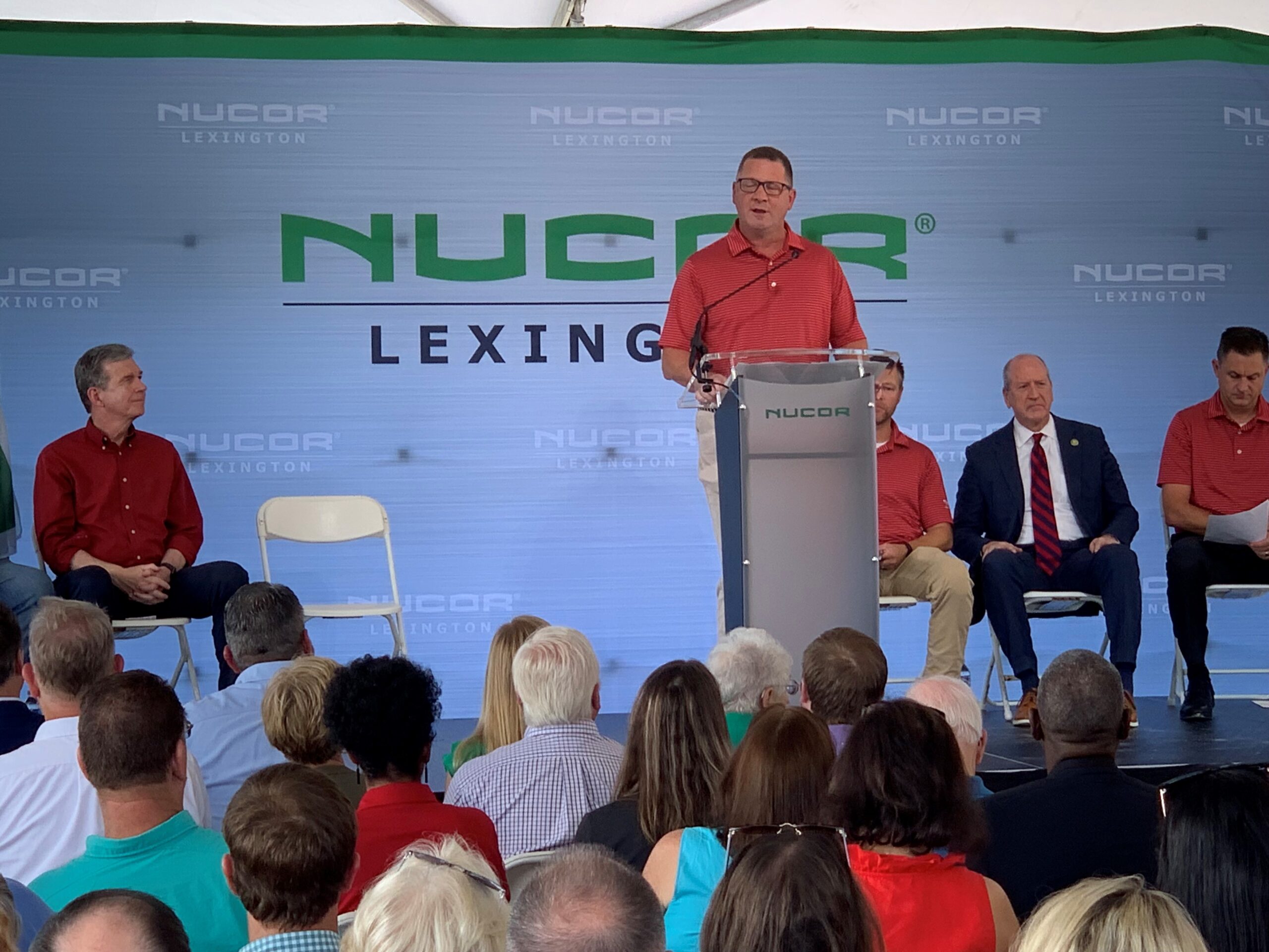 NUCOR's President and CEO, Leon Topalian gives a speech at NUCOR's ground breaking ceremony in Lexington.