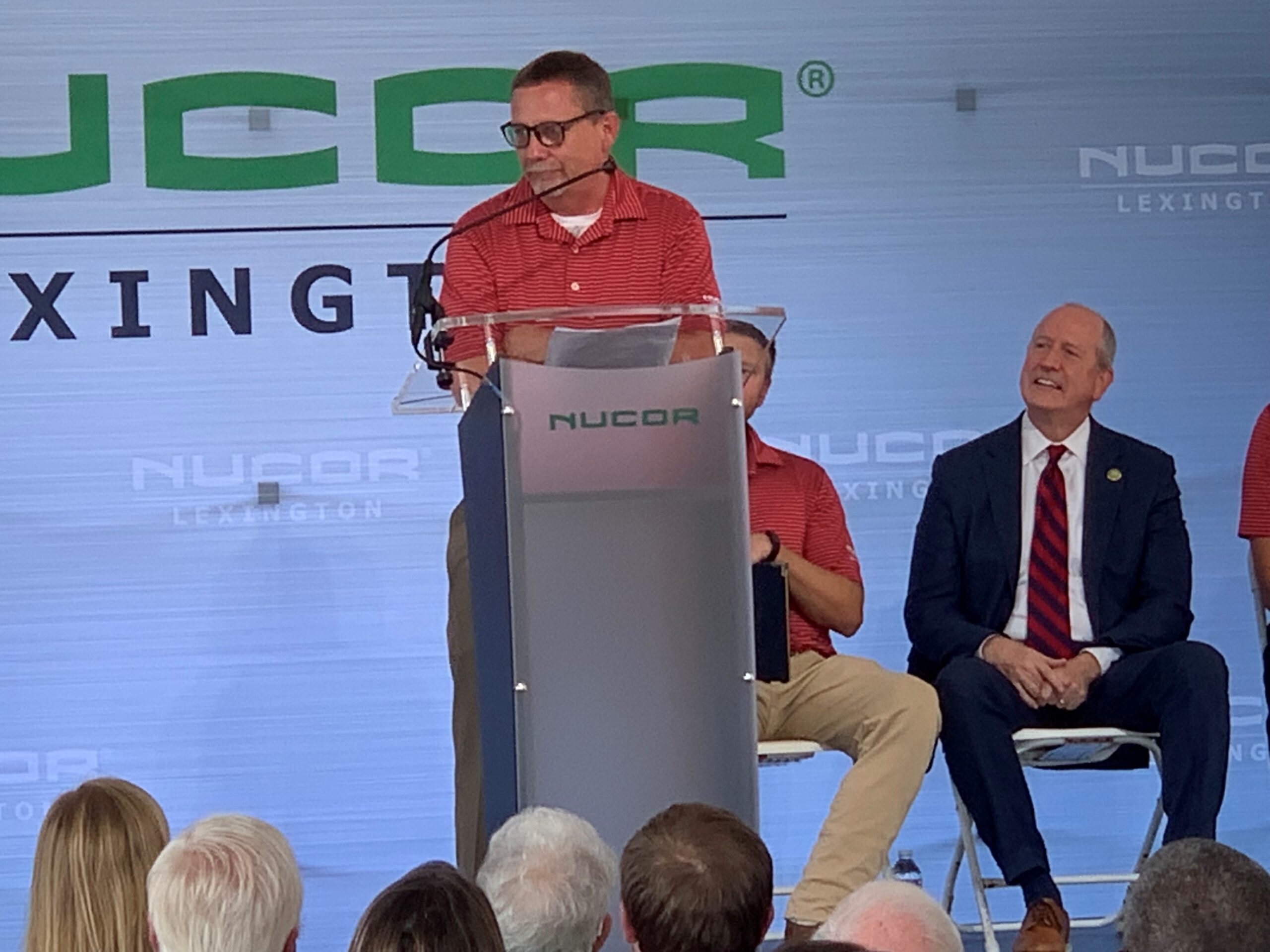 NUCOR's Plant General Manager, Mike Hess speaking at NUCOR of Lexington Ground Breaking Ceremony.